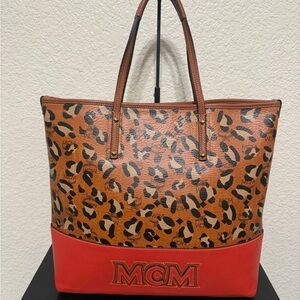 MCM Leopard Print Tote with Red Leather Base
